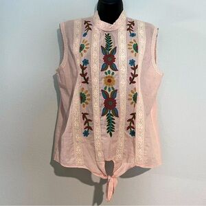 Double D Ranch Light Pink Sleeveless Blouse with Colorful Embroidery L